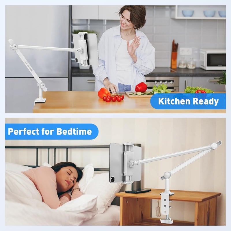 AboveTEK Tablet Stand Holder for Desk & Bed, Aluminum iPad Holder Arm with 360° Rotating Clamp, Adjustable Phone Stand Compatible with 4.7"-13.5" iPad Pro/Air/Mini, iPhone, Galaxy Tab- White - Image 5